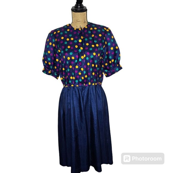 Vintage 80s 90s Navy Blue Yellow Purple Polka Dot Dress - Picture 1 of 11